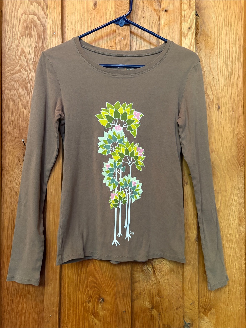 Lucy Long Sleeve 100% Cotton T-Shirt Brown Active Fit Nature Graphic Boho Medium